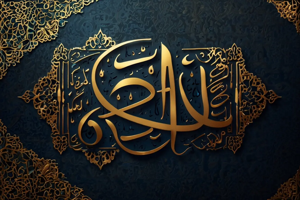 Beautiful Arabic calligraphy with Islamic geometric patterns in gold and blue traditional design