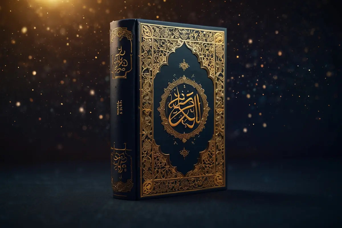 Ornate Holy Quran with golden Arabic calligraphy on cover showing Islamic reverence and divine guidance