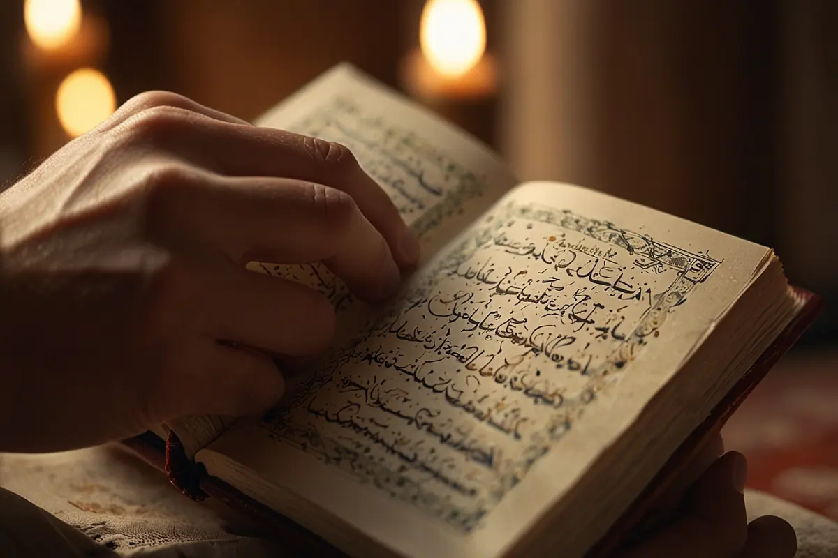 Hands gently reading open Holy Quran with Arabic text by candlelight for spiritual reflection and guidance