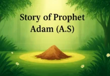 Story of Prophet Adam (A.S) – The First Man and Prophet of Allah Islamic symbolic illustration for the Story of Prophet Adam (A.S) with paradise garden, light from above, and clay mound – no human figures.