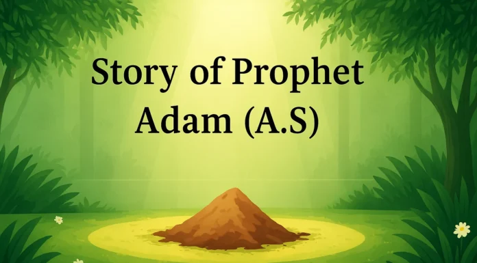 Story of Prophet Adam (A.S) – The First Man and Prophet of Allah Islamic symbolic illustration for the Story of Prophet Adam (A.S) with paradise garden, light from above, and clay mound – no human figures.