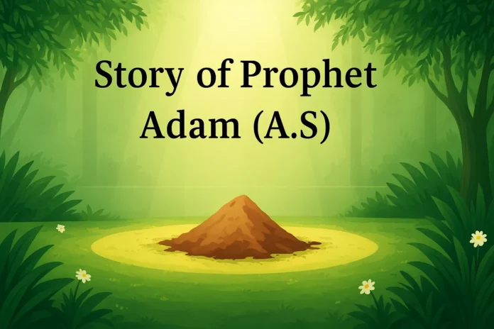 Islamic symbolic illustration for the Story of Prophet Adam (A.S) with paradise garden, light from above, and clay mound – no human figures.