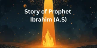 Story of Prophet Ibrahim (A.S) – The Friend of Allah Islamic symbolic illustration for the Story of Prophet Ibrahim (A.S) with glowing fire and divine light descending from the sky — no human figures.