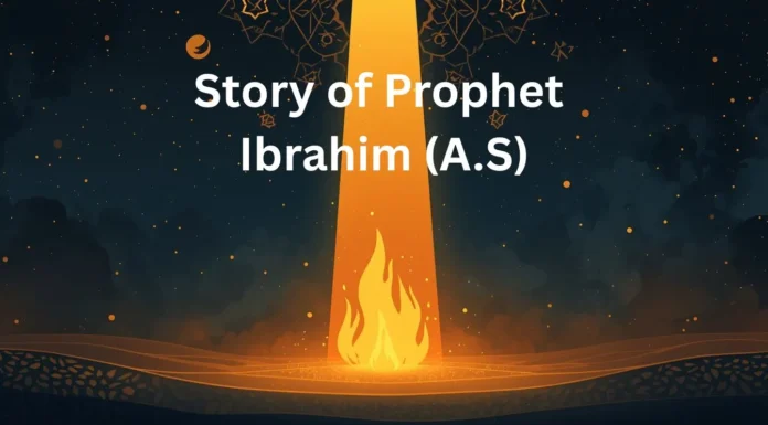 Story of Prophet Ibrahim (A.S) – The Friend of Allah Islamic symbolic illustration for the Story of Prophet Ibrahim (A.S) with glowing fire and divine light descending from the sky — no human figures.