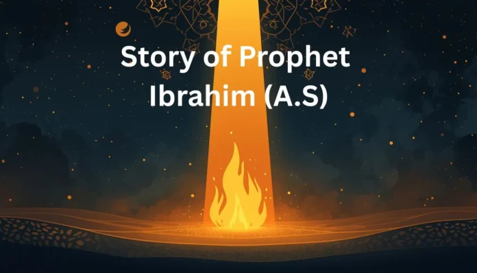 Story of Prophet Ibrahim (A.S) – Islamic Symbolic Artwor Islamic symbolic illustration for the Story of Prophet Ibrahim (A.S) with glowing fire and divine light descending from the sky — no human figures.