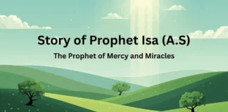 Story of Prophet Isa (A.S) – The Prophet of Mercy and Miracles Symbolic Islamic illustration for the Story of Prophet Isa (A.S) showing divine light over green hills