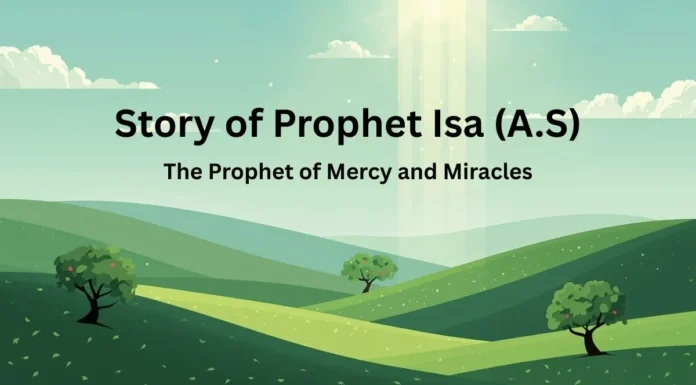Story of Prophet Isa (A.S) – The Prophet of Mercy and Miracles Symbolic Islamic illustration for the Story of Prophet Isa (A.S) showing divine light over green hills