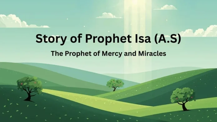 Symbolic Islamic illustration for the Story of Prophet Isa (A.S) showing divine light over green hills