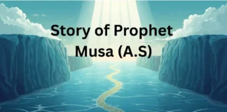 Story of Prophet Musa (A.S) – The Prophet of Allah and the Miracle of the Split Sea Islamic symbolic illustration of the Story of Prophet Musa (A.S) showing the sea split into two walls with divine light.
