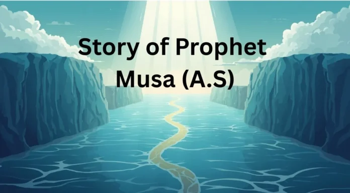 Story of Prophet Musa (A.S) – The Prophet of Allah and the Miracle of the Split Sea Islamic symbolic illustration of the Story of Prophet Musa (A.S) showing the sea split into two walls with divine light.