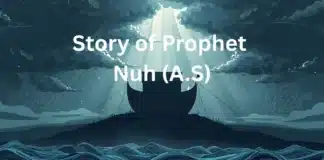 Story of Prophet Nuh (A.S) – The Great Flood and the Ark of Faith Islamic symbolic illustration for the Story of Prophet Nuh (A.S) with ark silhouette, storm clouds, rising water waves, and divine light — no human or animal figures.