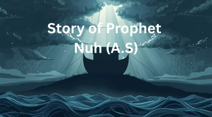 Story of Prophet Nuh (A.S) – The Great Flood and the Ark of Faith Islamic symbolic illustration for the Story of Prophet Nuh (A.S) with ark silhouette, storm clouds, rising water waves, and divine light — no human or animal figures.