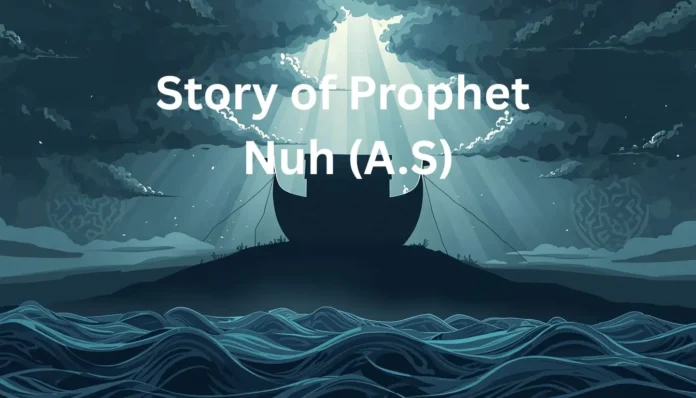 Story of Prophet Nuh (A.S) – Islamic Symbolic Artwork Islamic symbolic illustration for the Story of Prophet Nuh (A.S) with ark silhouette, storm clouds, rising water waves, and divine light — no human or animal figures.
